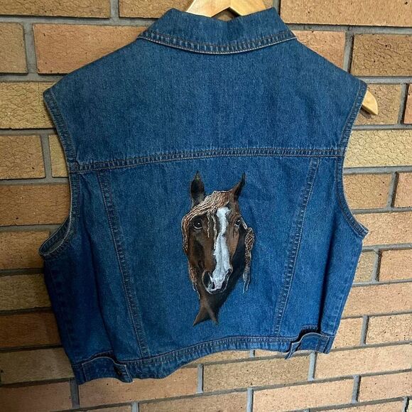 Vintage Rhythm Blue Denim Vest With Painted Horse Design Y2K Western Size Medium - Picture 1 of 6